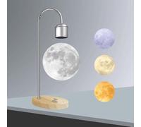 Wooden Bedside Lamp Moon Floating Table Lamp Floating and Rotating with Wireless Charger and 3D Printing Moonlight 3 Colors Magnetic Table for Bedroom