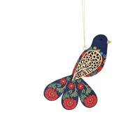 Wooden Bird Bauble Christmas Tree Decoration, Folk Art Fantail Bird Xmas Decor, 2 Colours, Xmas Tree Decoration, Flower Pattern Christmas Bauble, Traditonal Wood Christmas Ornament (Blue)