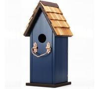 Wooden Bird House for Outdoors, Decorative Navy Blue Bird Nest Box with Cedar Shingle Roof & Copper Latch, Hanging Cleanable Wild Birdhouse for Garden Yard, Shelter for Bluebird Wren Chickadee