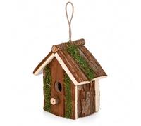 Wooden Bird House Hanging Nest Box with 28mm Entrance | Bird Nesting Box Home Rustic Bark Finish, Jute Loop, 450g, Sheltered Outdoor Use, Trees, Patios, Hedges, Woodland Settings