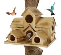 Wooden Bird House Multi-Hole Outdoor Garden Decor Bird Hut with 6 Holes