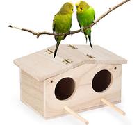 Wooden Bird House with Two Hole Door Cute Log Cabin Design Safe Shelter for Birds and Wildlife