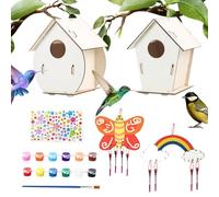 Wooden Birdhouse | 2 Sets Wooden Birdhouse Kit With Paints & Brushes, Kid Art Craft,Educational Arts, Outdoor Toys For Kids 4-8, Enhance Creativity