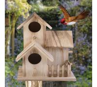 Wooden Birdhouses for Outdoors, 15x15x20cm Bird Nesting Box with 3 Holes & Perch Pole, Natural Bird Hotel Cabin for Outdoors Garden Tree Balcony