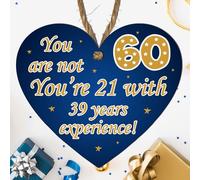 Wooden Birthday Age Sign "You're Not 60, You're 21 with 39 Years Experience" | Funny 60th Birthday Heart Plaque Gift | Novelty Hamper Gift Tag Keepsake (Blue & Gold)