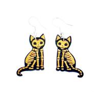 Wooden Black Cat Earrings Halloween Handmade Cute Skull Dark Cats Ghost Animal Skeleton Nature Wood Lightweight Dangle Drop Earrings for Women Gothic Halloween Cosplay Party Christmas Fashion Jewelry