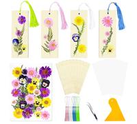 Wooden Blank Bookmarks Set, 8 Pcs DIY Wood Bookmarks for Pressed Flowers, Dried Floral Book Mark Making Kit with 36 Pcs Pressed Flowers, 8 Pcs Tassels, Bookmark Gift Presents for Women and Book Lovers