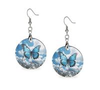 Wooden Blue Butterfly And Clouds Earrings for Women Lightweight Dangle Earrings Ethnic Geometric Round Earring Vintage Retro Jewelry Gift for Daily Wear Wedding Party Graduation