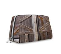 Wooden Board Pattern, Makeup Bag Cosmetic Bag,Old Wooden Barn Door of Farmhouse,Leather Organizer Make Up Bag Reusable Toiletry Bag,Brown,S