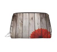 Wooden Board Red Flower Print Makeup Bag Portable Leather Waterproof Cosmetic Bag Clutch Makeup Brush Bag (6.7x4.3in)