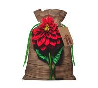 Wooden Board Retro Flower Red Dahlia Print Christmas Drawstring Holiday Candy Bag Xmas Sacks Reusable Wrapping Bags Party Favor