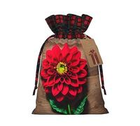 Wooden Board Retro Flower Red Dahlia Print Christmas Wrapping Bags Gift Bags With Drawstring, Xmas Party Presents And Favors