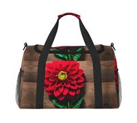 Wooden Board Retro Flower Red Dahlia Print Everyday Use Travel Duffle Bag Large Capacity Travel Bag Stylish Functional Bag, Black, One Size