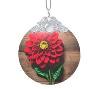 Wooden Board Retro Flower Red Dahlia print Glass Circular Pendant - Stunning Christmas Tree Hanging Decoration,Holiday Decoration