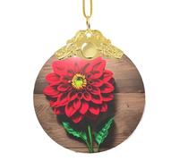 Wooden Board Retro Flower Red Dahlia print Glass Circular Pendant - Stunning Christmas Tree Hanging Decoration,Holiday Decoration