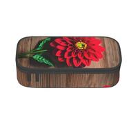 Wooden Board Retro Flower Red Dahlia Print Large Capacity Pencil Pouch, Office Stationery Organizer, Portable Pen Bag For Office