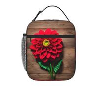 Wooden Board Retro Flower Red Dahlia Print Lunch Bag for Office Work Picnic Insulated Lunch Box Reusable Lunchbox Bag for Adults