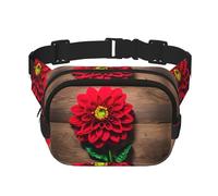 Wooden Board Retro Flower Red Dahlia Print Square Double Layer functionality Waist Bag Unisex Crossbody Pack Travel Workout, Black, One Size