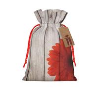 Wooden Board Retro Flower Red Dahlia Printed Christmas Drawstring Bags with Red Ribbon - Reusable Burlap Drawstring Gift Pouches, S
