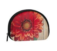 Wooden Board Retro Flower Red Dahlia Prints Coin Purse Shell Mini Pouch Wallet Change Bag for Women Girls Kids