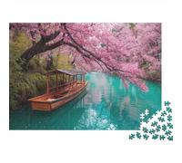 Wooden Boat Floating on The River Puzzle 1000pcs (75x50cm) Erwachsene Cherry Blossom Trees Puzzle,Home Decor
