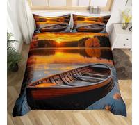 Wooden Boat Shape Double Duvet Cover Set 3D Printed Sunset Lake View Bedding Set Ultra Soft Microfiber Quilt Cover 200x200 cm for Double Bed with 2 Pillowcases with Zipper L.424