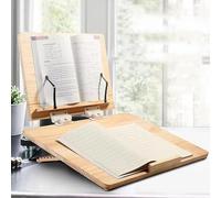 Wooden Book Stand, Adjustable Height and Angle with Side Clips, for Reading, Cooking, and Tablet Use