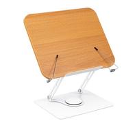 Wooden Book Stand for Reading, 360°Adjustable Book Holder Foldable Recipe Cook Book Stand for Kitchen Book Display Stand with Elastic Page Clips for Laptop Magazine Document Music Sheet(Yellow)