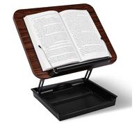 Wooden Book Stand for Reading with Storage Box Non-Slip Base, Adjustable Height & Angle, Foldable Desktop Riser with Page Clip, Hands Free Book Holder for Kitchen Counter, Cookbook, Recipe, Laptop