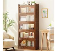 Wooden Bookcase with Acrylic Glass Doors - 3/4/5 Tier Bamboo Storage Shelves for Playroom & Bedroom - Flip Top Trophy Display Cabinet 5 Layers 23.6in (60cm)