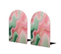 Wooden Bookends, Pink Green Marble Pattern Non slip Book Ends for Heavy Books, Decorative Bookends for Office Home School