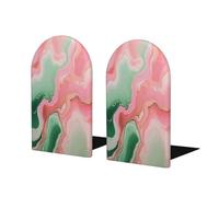 Wooden Bookends, Pink Green Marble Pattern Non slip Book Ends for Heavy Books, Decorative Bookends for Office Home School