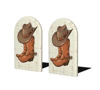 Wooden Bookends, Set Of 2 Bookshelf Book Stopper Book Holder for Home Library School, Cowboy Boots And Hat Graphic