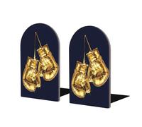 Wooden Bookends, Set Of 2 Bookshelf Book Stopper Book Holder for Home Library School, Gold Boxing Gloves