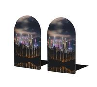 Wooden Bookends with Aerial Night of View Hong Kong Print Design - Hardcover Journal & Book Holders for Office, Study, Library