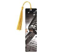 Wooden Bookmark Gifts - Microphone with Music Notes Bookmark with Tassels Creative Vintage Wood Book Mark for Book Lovers Handmade Reading Page Markers Christmas Gift for Men Women