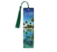 Wooden Bookmarks 5 Pcs for Book Lovers, Handmade DIY Book Mark with Dark Green Tassels Beautiful Island in The Sea Page Markers Artistic Book Accessories Gift for Women Men