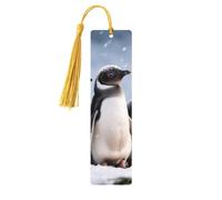 Wooden Bookmarks 5 Pcs for Book Lovers, Handmade DIY Book Mark with Gold Tassels Young Penguins with Snow Page Markers Artistic Book Accessories Gift for Women Men