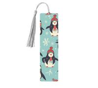 Wooden Bookmarks 5 Pcs for Book Lovers, Handmade DIY Book Mark with Gray Tassels Winter Christmas Penguins Page Markers Artistic Book Accessories Gift for Women Men