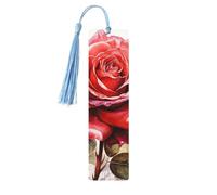 Wooden Bookmarks 5 Pcs for Book Lovers, Handmade DIY Book Mark with Sky Blue Tassels Red Watercolor Rose Flower Page Markers Artistic Book Accessories Gift for Women Men