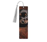 Wooden Bookmarks for Men Women, Puppy Sitting on Brown Leather Cage, Unique Handmade Bookmarks with Tassel, Bookmark for Book Lovers, Gift (5 Pack)