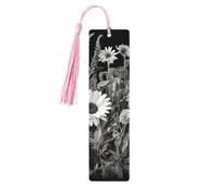 Wooden Bookmarks with Black and White Flowers, 5 Pack, Handmade Double-Sided Printed, Pink Tassel Page Markers, Book Accessories Gift for Lover