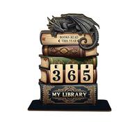 Wooden Books Read This Year Sign, Dragon Embossed My Library Books Counter, Vintage Reading Challenge Display Ornament for Home School Bookshelf Decor