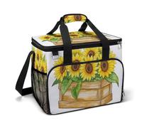 Wooden Box of Sunflowers Camping Cooler Bags Insulated Beach Cooler Portable Leak Proof Camping Cooler with Shoulder Strap