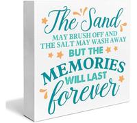 Wooden Box Sign - Beach House "The Sand May Brush Off The Salt May Wash Away" Sign Coastal Wood Block Desk Decoration for Shelf Home 5x5Inch