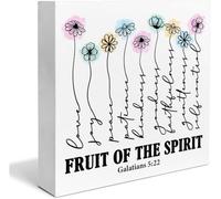 Wooden Box Sign - Bible Verse Galatians 5:22 Christian Home Decor "Fruits Of The Spirit" Scriptures Wood Sign Desk Decoration for Shelf Home 5x5Inch