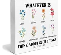 Wooden Box Sign - Bible Verse Philippians 4:8 Christian Home Decor Floral Religious Wood Block Desk Decoration for Shelf Home Office 5x5Inch