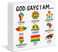 Wooden Box Sign - Christian Juneteenth Sign Motivational Bible Verse African American Decor "God Says I Am" Wood Block for Home Office Living Room Desk Shelf 5x5Inch