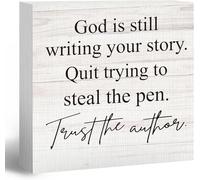 Wooden Box Sign - Christian Religious Bible Verse Desk Decor "God Is Still Writing Your Story" Rustic Wood Block Gift for Faith Women Office Home Wall Shelf 5x5Inch