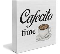 Wooden Box Sign - Country "Cafecito Time" Coffee Lover Block Rustic Home Kitchen Shelf Tabletop Wall Decoration 5x5Inch